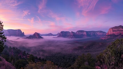Obraz premium A stunning panoramic view of a misty valley at sunrise, showcasing vibrant colors and majestic rock formations.