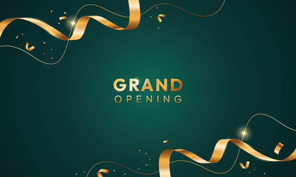 Dark green grand opening background with ribbon. Modern elegant promotional design.