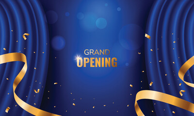 Blue grand opening background with ribbon and curtain. Modern elegant promotional design.