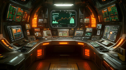 Obraz premium Futuristic spaceship control room interior with glowing orange displays and advanced technology interface