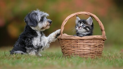 Fototapeta premium A mischievous kitten hiding inside a basket while a playful dog tries to nudge it out.