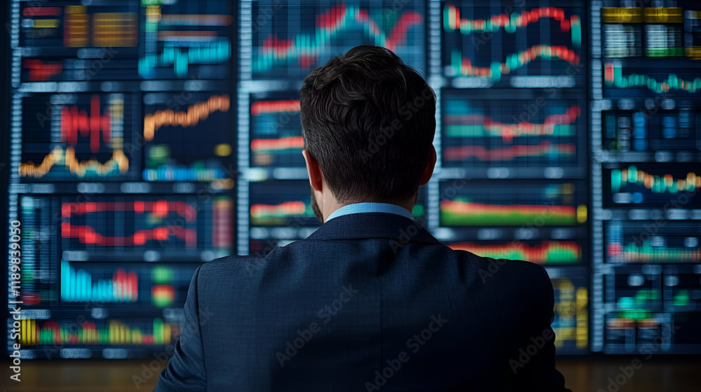 Poster focused businessman analyzing complex financial data on multiple screens in a modern office setting