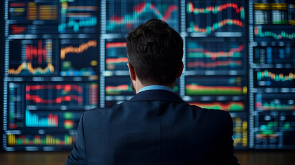 Focused businessman analyzing complex financial data on multiple screens in a modern office setting