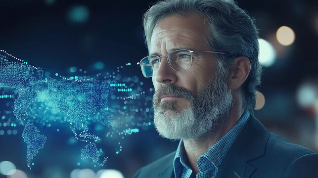 Global Visionary: A pensive, mature man with a distinguished beard and glasses gazes thoughtfully, overlaid with a futuristic digital world map. - Powered by Adobe