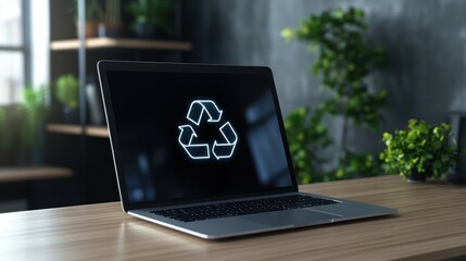 A laptop computer with a recycle sign on the screen. Generative AI