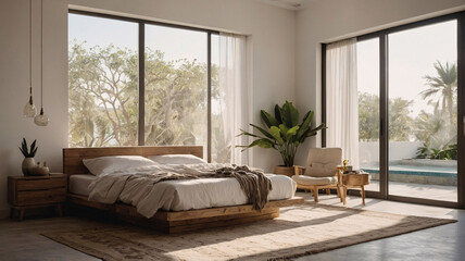 Cozy boho bedroom with wooden bed frame bamboo furniture and green plants in pots surrounded by soft beige tones for a relaxing atmosphere Bohemian Interior Design Inspiration