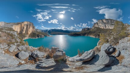 Fototapeta premium A panoramic view of the Gorges du Verdon, with its iconic turquoise river cutting through the rugged landscape.
