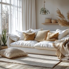 Scandinavian Living Room Scene White Sofa Natural Light Minimalist Design 3D Render