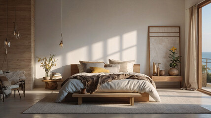 Inviting bohemian bedroom with wooden bed frame bamboo woven furniture and green plants in pots accented with beige tones for a cozy calm space Bohemian Interior Design Inspiration