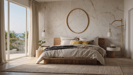 Relaxing boho inspired bedroom with a wooden bed frame bamboo furniture green plants in pots and beige themed accents that create a serene environment Bohemian Interior Design Inspiration