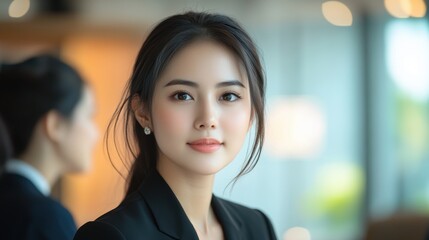 Obraz premium A woman with long hair and a black dress is smiling for the camera. Generative AI