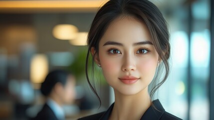 A woman with dark hair and a black blazer is smiling at the camera. Generative AI