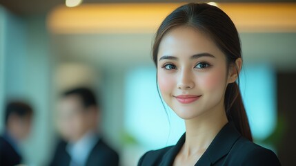 Fototapeta premium A woman with a smile on her face is standing in front of a wall. Generative AI