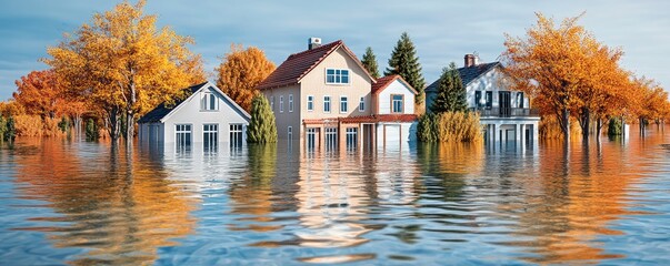 Obraz premium Suburban Homes Surrounded by Autumn Colors and Flooding Waters in a Tranquil Scene