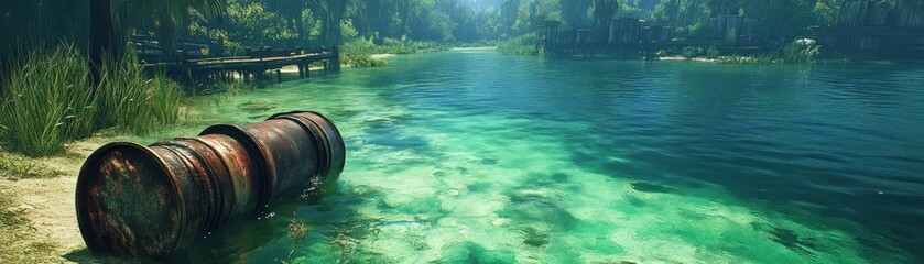 Serene Riverbank with Rusted Barrel in Lush Forest Setting