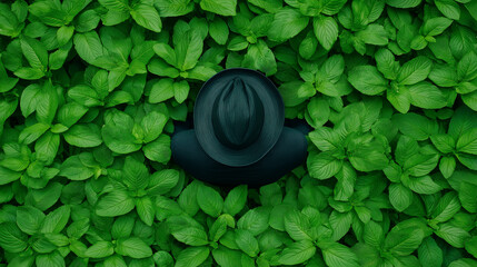 Hidden in Green: A black fedora hat subtly nestled amidst a vibrant expanse of lush green foliage, creating a captivating contrast of textures and colors.