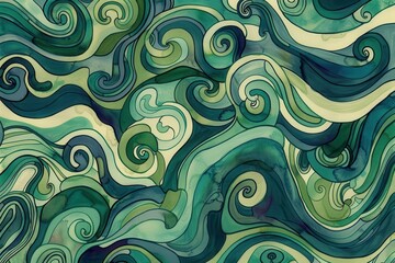 Fototapeta premium A swirling abstract pattern in shades of green, resembling waves or flowing water.