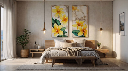 Bohemian inspired bedroom with a cozy bed wood bed frame boho woven bamboo furniture and vibrant green plants in pots set against a beige backdrop Bohemian Interior Design Inspiration