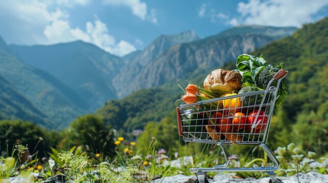A shopping cart filled with colorful vegetables artisanal bread and fresh produce perfect for promoting eco-living and farmers markets
