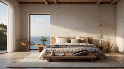 Calm bohemian bedroom with wooden bed frame bamboo furniture green plants in pots and beige hues that create a tranquil and relaxing vibe Bohemian Interior Design Inspiration