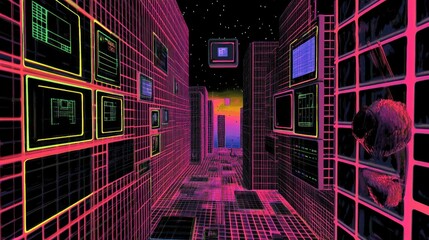 Fototapeta premium Futuristic Digital Cityscape with Neon Grids and Vibrant Sunset Reflections