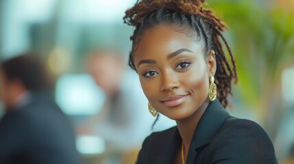 Fototapeta premium A woman with a gold earring and a black dress is smiling. Generative AI