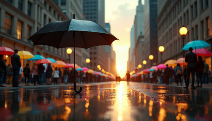 Obraz premium Rainy City Sunset with Colorful Umbrellas