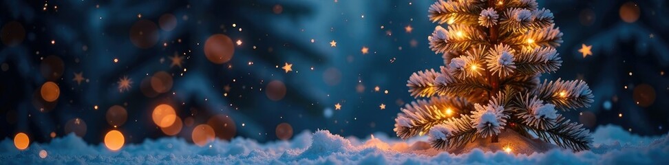 Fototapeta premium Glowing Christmas tree against a backdrop of falling snowflakes, shimmering light, festive atmosphere