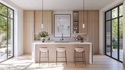 Bright kitchen interior featuring an island with seating, complemented by a panoramic window offering views of the countryside.