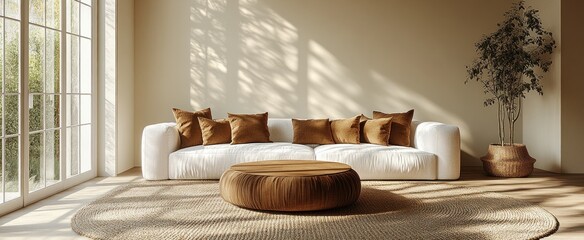 Scandinavian minimalistic living room with white sofa and brown cushions in elegant beige interior