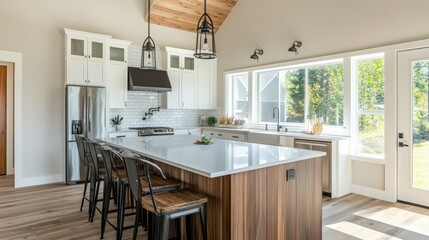Bright kitchen interior featuring an island with seating, complemented by a panoramic window offering views of the countryside.