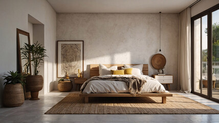 Cozy bohemian bedroom with a wooden bed frame woven bamboo furniture green potted plants and soft beige tones creating a tranquil and stylish space Bohemian Interior Design Inspiration