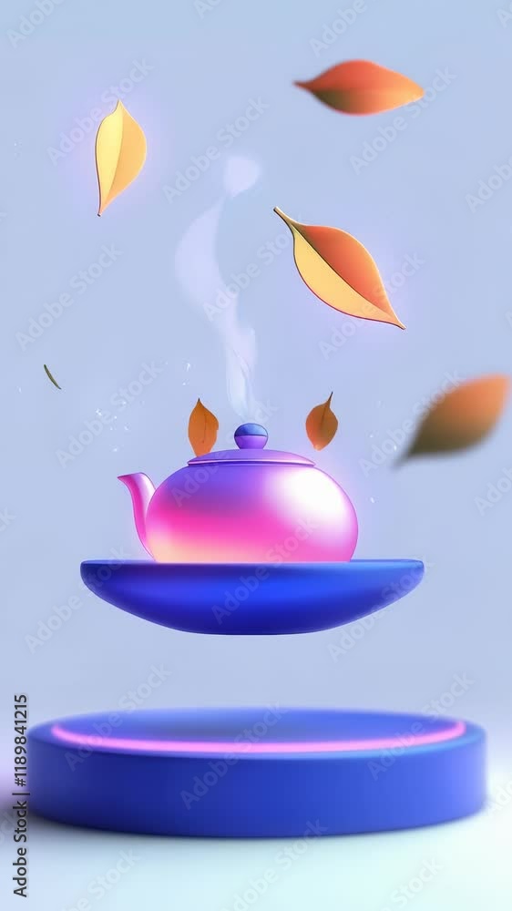 Poster surreal floating teapot with steam and falling leaves on blue background creating whimsical levitati