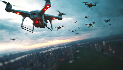 a swarm of drones, a swarm of drones over a big city flying over buildings, hovering flying UAP UFO, UAPs UFOs with red lights, cloudy dark sky