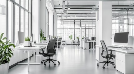Bright and minimalist white office meeting room featuring a sleek table and chairs, with a panoramic window offering a wide view. Ideal for professional gatherings and presentations.