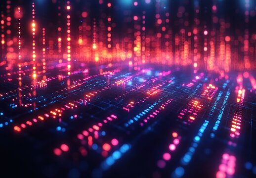 Futuristic Digital Stock Market Visualization with Binary Code and Neon Lights