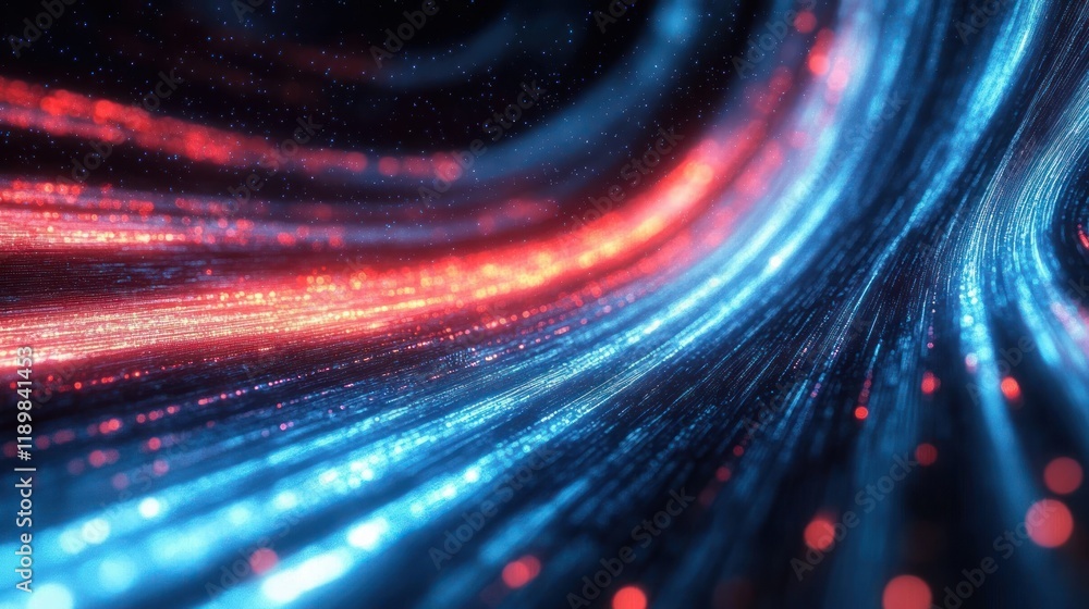 Poster dynamic abstract composition of glowing blue and red lines with high speed motion blur and dramatic 