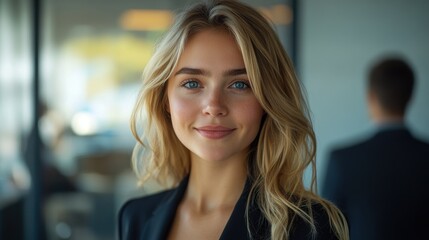 Fototapeta premium A woman with blonde hair and a black suit is smiling for the camera. Generative AI