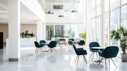 Bright and minimalist white office meeting room featuring a sleek table and chairs, with a panoramic window offering a wide view. Ideal for professional gatherings and presentations.