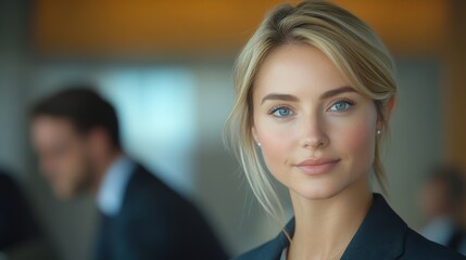Fototapeta premium A woman with blonde hair and blue eyes is smiling for the camera. Generative AI