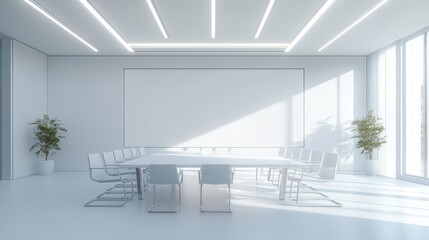 Bright and minimalist white office meeting room featuring a sleek table and chairs, with a panoramic window offering a wide view. Ideal for professional gatherings and presentations.