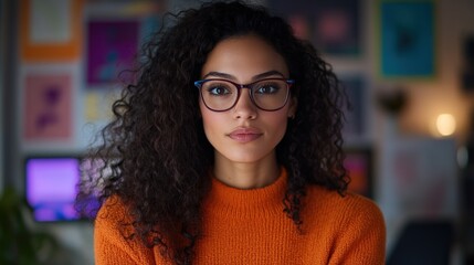 Portrait of a Confident Young Woman with Curly Hair and Glasses