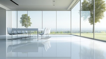 Bright and minimalist white office meeting room featuring a sleek table and chairs, with a panoramic window offering a wide view. Ideal for professional gatherings and presentations.