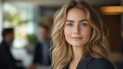 Obraz premium A woman with long blonde hair is smiling and looking at the camera. Generative AI