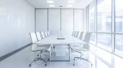 Bright and minimalist white office meeting room featuring a sleek table and chairs, with a panoramic window offering a wide view. Ideal for professional gatherings and presentations.