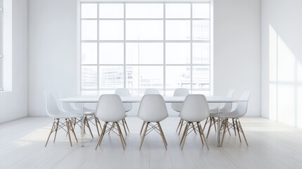 Bright and minimalist white office meeting room featuring a sleek table and chairs, with a panoramic window offering a wide view. Ideal for professional gatherings and presentations.