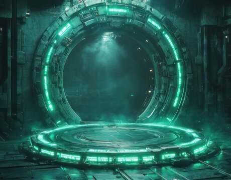 Futuristic Sci-Fi Platform with Mechanical Robot Arms in Dark Laboratory Environment