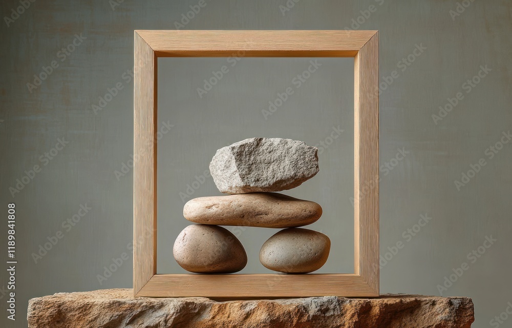 Poster minimalist wooden frame on stone display with soft light for product promotion