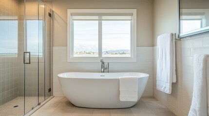 Bright and modern hotel bathroom featuring a white tub and shower, complemented by a large window. The space includes a mockup wall for customization.