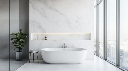 Bright and modern hotel bathroom featuring a white tub and shower, complemented by a large window. The space includes a mockup wall for customization.